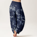 Buddha Stones White Sakura Flower Pattern Women's Elastic Waist Harem Pants - image 3