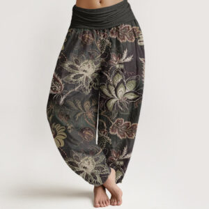 Buddha Stones Casual Floral Leaves Women's Elastic Waist Harem Pants - DimGray - US22，UK/AU26，EU54 (6XL) - image 1