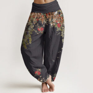 Buddha Stones Casual Red Peony Flower Vine Design Women's Elastic Waist Harem Pants - Black - US22，UK/AU26，EU54 (6XL) - image 1