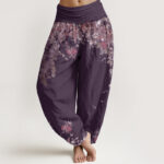 Buddha Stones Casual Red Peony Flower Vine Design Women's Elastic Waist Harem Pants - Plum - US22，UK/AU26，EU54 (6XL) - image 8