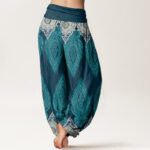 Buddha Stones Casual Feather Flower Design Women's Elastic Waist Harem Pants - image 3
