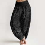 Buddha Stones Casual Flower Leaves Design Women's Elastic Waist Harem Pants - Black - US22，UK/AU26，EU54 (6XL) - image 5
