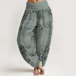 Buddha Stones Casual Flower Leaves Design Women's Elastic Waist Harem Pants - DarkSeaGreen - US22，UK/AU26，EU54 (6XL) - image 8