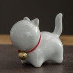 Buddha Stones Mini Cute Lucky Bell Cat Tea Pet Ceramic Home Desk Figurine Decoration Decorations BS Lucky Cat Gray White 7*3.4*5.8cm