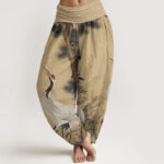Buddha Stones Casual Red-crowned Crane Pine Tree Mountain Women's Elastic Waist Harem Pants - Wheat - US22，UK/AU26，EU54 (6XL) - image 1