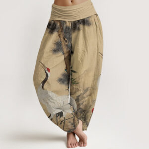 Buddha Stones Casual Red-crowned Crane Pine Tree Mountain Women's Elastic Waist Harem Pants - Wheat - US22，UK/AU26，EU54 (6XL) - image 1