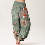 Buddha Stones Red Pink Blooming Flowers Lush Branches Women's Elastic Waist Harem Pants - image 3