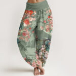 Buddha Stones Red Pink Blooming Flowers Lush Branches Women's Elastic Waist Harem Pants - DarkSeaGreen - US22，UK/AU26，EU54 (6XL) - image 1