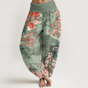 Buddha Stones Red Pink Blooming Flowers Lush Branches Women's Elastic Waist Harem Pants - DarkSeaGreen - US22，UK/AU26，EU54 (6XL) - image 1