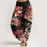 Buddha Stones Red Pink Blooming Flowers Lush Branches Women's Elastic Waist Harem Pants - Black - US22，UK/AU26，EU54 (6XL) - image 5