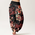 Buddha Stones Red Pink Blooming Flowers Lush Branches Women's Elastic Waist Harem Pants - image 7