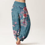 Buddha Stones Red Pink Blooming Flowers Lush Branches Women's Elastic Waist Harem Pants - image 10