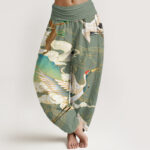 Buddha Stones Flying Cranes Auspicious Clouds Tree women's Elastic Waist Harem Pants - DarkSeaGreen - US22，UK/AU26，EU54 (6XL) - image 5