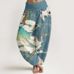 Buddha Stones Flying Cranes Auspicious Clouds Tree women's Elastic Waist Harem Pants - CadetBlue - US22，UK/AU26，EU54 (6XL) - image 8