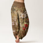 Buddha Stones Casual Peony Flowers Leaves Magpie Women's Elastic Waist Harem Pants - image 7