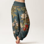 Buddha Stones Casual Peony Flowers Leaves Magpie Women's Elastic Waist Harem Pants - image 3