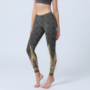 Buddha Stones Dark Gray Geometric Gold Feather Print Gym Leggings Women's Yoga Pants - DimGray - US18，UK/AU22，EU50 (4XL) - image 1