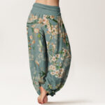 Buddha Stones Peach Blossoms Flying Geese Pattern Women's Elastic Waist Harem Pants - image 3