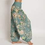 Buddha Stones Peach Blossoms Flying Geese Pattern Women's Elastic Waist Harem Pants - image 2