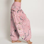 Buddha Stones Peach Blossoms Flying Geese Pattern Women's Elastic Waist Harem Pants - image 6