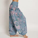 Buddha Stones Peach Blossoms Flying Geese Pattern Women's Elastic Waist Harem Pants - image 9