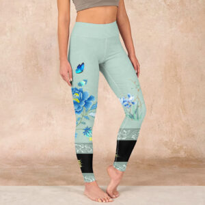 Buddha Stones Mint Green Blue Peony Butterfly Print Sports Leggings Women's Yoga Pants - Honeydew - US18，UK/AU22，EU50 (4XL) - image 1