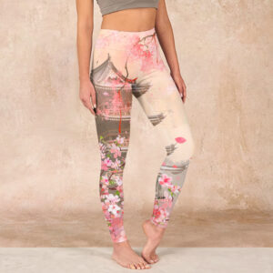 Buddha Stones Pink Sakura Antique Building Print Fitness Leggings Women's Yoga Pants - LavenderBlush - US18，UK/AU22，EU50 (4XL) - image 1