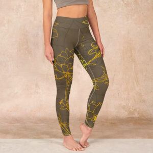 Buddha Stones Yellowish Brown Lotus Flower Lotus Leaf Print Gym Leggings Women's Yoga Pants - DarkGoldenrod - US18，UK/AU22，EU50 (4XL) - image 1