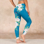 Buddha Stones Blue White Flowers Leaves Print Sports Leggings Women's Yoga Pants - image 3