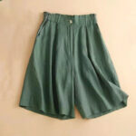 Buddha Stones Plain Color Pleated Zipper Button Cotton Linen Women's Shorts With Pockets Women's Shorts BS SeaGreen US12，UK/AU16，EU44 (3XL)