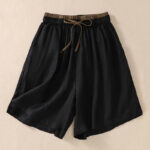 Buddha Stones Solid Color Contrast Color Waist Lace-up Cotton Linen Women's Shorts With Pockets Women's Shorts BS Black US8-10，UK/AU12-14，EU40-42 (2XL)