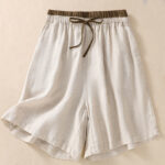 Buddha Stones Solid Color Contrast Color Waist Lace-up Cotton Linen Women's Shorts With Pockets Women's Shorts BS Beige US8-10，UK/AU12-14，EU40-42 (2XL)