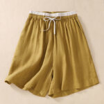 Buddha Stones Solid Color Contrast Color Waist Lace-up Cotton Linen Women's Shorts With Pockets Women's Shorts BS Gold US8-10，UK/AU12-14，EU40-42 (2XL)