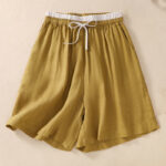 Buddha Stones Solid Color Contrast Color Waist Lace-up Cotton Linen Women's Shorts With Pockets Women's Shorts BS 21