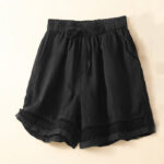 Buddha Stones Plain Color Bottom Hollow Lace Design Lace-up Cotton Linen Women's Shorts With Pockets - Black - US12，UK/AU16，EU44 (3XL) - image 17