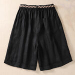 Buddha Stones Casual Solid Color Turn Up Cuff Belt Cotton Linen Women's Shorts With Pockets Women's Shorts BS 9