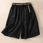 Buddha Stones Casual Solid Color Turn Up Cuff Belt Cotton Linen Women's Shorts With Pockets Women's Shorts BS Black US8-10，UK/AU12-14，EU40-42 (2XL)