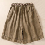 Buddha Stones Casual Solid Color Turn Up Cuff Belt Cotton Linen Women's Shorts With Pockets Women's Shorts BS 2