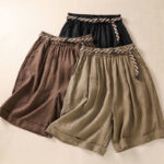 Buddha Stones Casual Solid Color Turn Up Cuff Belt Cotton Linen Women's Shorts With Pockets Women's Shorts BS 1