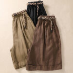 Buddha Stones Casual Solid Color Turn Up Cuff Belt Cotton Linen Women's Shorts With Pockets Women's Shorts BS 18