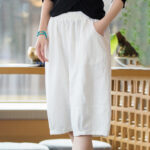 Buddha Stones Casual Plain Color Cotton Ramie Women's Shorts With Pockets Women's Shorts BS White US4-6，UK/AU8-10，EU36-38 (F)