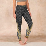 Buddha Stones Dark Gray Geometric Gold Feather Print Gym Leggings Women's Yoga Pants - DimGray - US18，UK/AU22，EU50 (4XL) - image 1