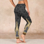 Buddha Stones Dark Gray Geometric Gold Feather Print Gym Leggings Women's Yoga Pants - image 3