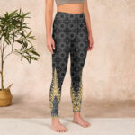 Buddha Stones Dark Gray Geometric Gold Feather Print Gym Leggings Women's Yoga Pants - image 4