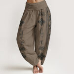 Buddha Stones Lotus Flowers Double Dorje Vajra Namaste Om Design Women's Elastic Waist Harem Pants - DarkKhaki - US22，UK/AU26，EU54 (6XL) - image 8