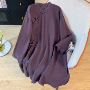 Buddha Stones Casual Women's Plain Frog-Button Stand Collar Design Long Sleeve Cotton Linen Shirt