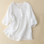 Buddha Stones Casual Plain Loose Women's V-Neck Design Half Sleeve Cotton Shirt - image 12