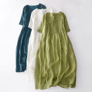 Buddha Stones Casual Accordion Pleat Plain V-neck Short Sleeve Cotton Midi Dress With Pockets - image 1