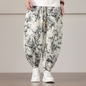 Buddha Stones Bamboo Leaf Pattern Drawstring Men's Harem Pants With Pockets