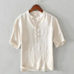 Buddha Stones Daily Solid Color Stand Collar Half Sleeve Linen Half Button Men's Shirt - LightYellow - US/UK/AU42，EU52 (3XL) - image 1
